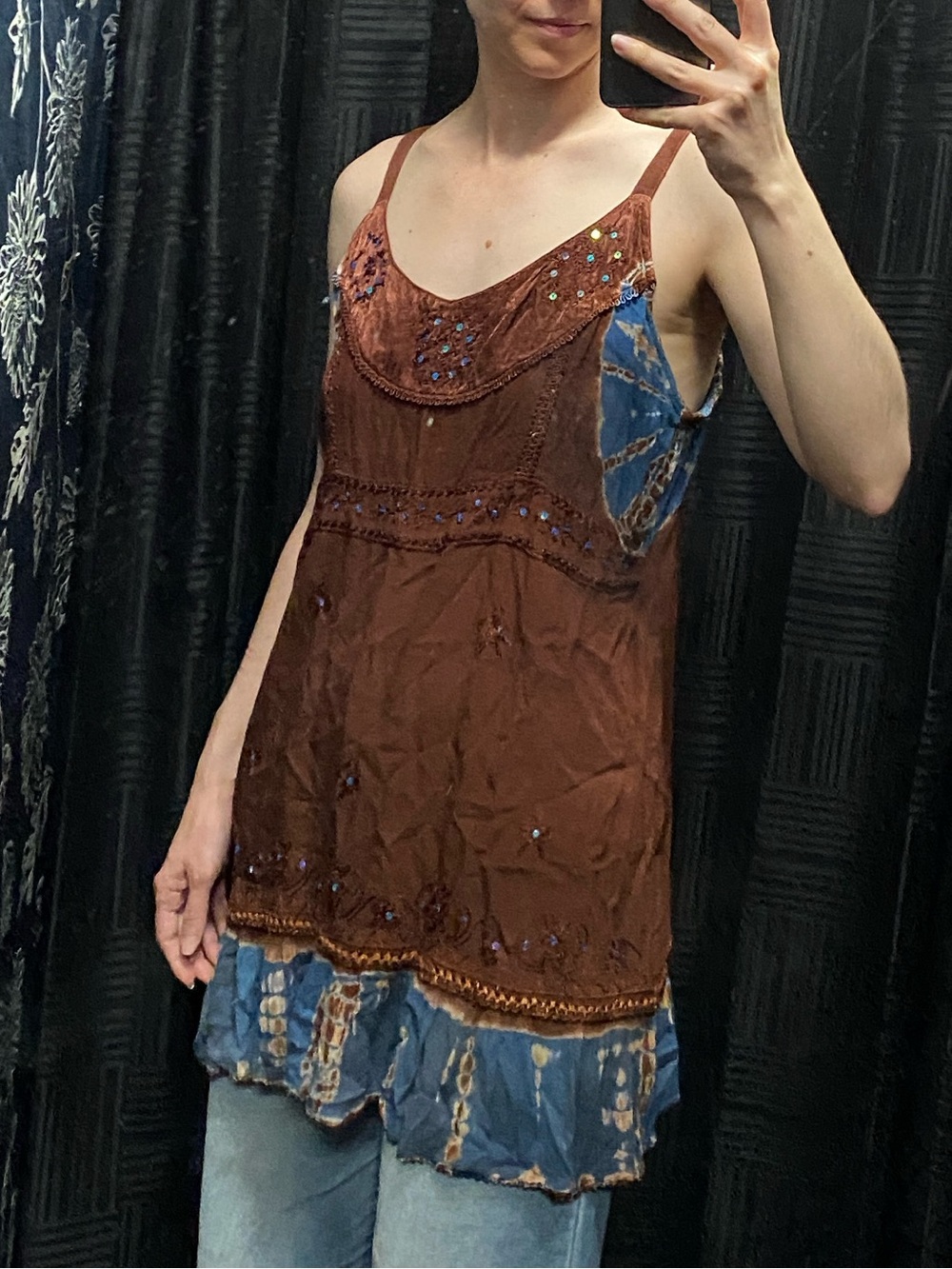 Y2K Boho Cami Tank with Brown Blue Tie-Dye Hem & Fairy Sequins - Picture 4 of 5